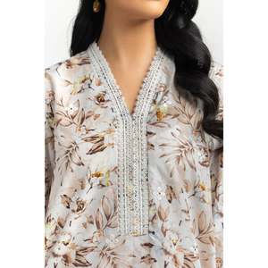 Traje de Encaje Estampado Beige de 3 Piezas con Botón Bordado y Decoración Plizada, Estilo Casual - Product Image 2