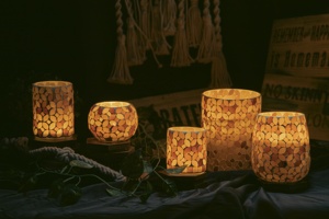 Vente en gros, multi-usages, pot en verre mosaïque pour décoration d'intérieur, fabriqué à la main, cadeau votif, support jaune/marron de haute qualité - Product Image 4