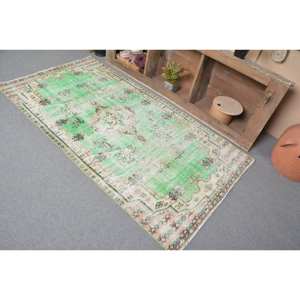 Tapis turc vintage 3.5 x 6.8ft vert beige laine Patchwork Design Latex pour la maison salon chevet rectangulaire couloir Tabriz - Product Image 4