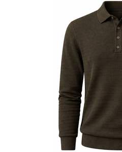 Pull en maille texturée fine pour homme personnalisé, manches longues, col boutonné, décontracté, pull d'hiver en olive foncé - Product Image 2