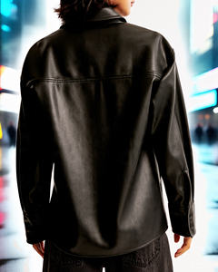 Camisa de cuero PU para mujer Letterman Button up Oversize manga larga Letterman moda camisa de cuero señoras - Product Image 2