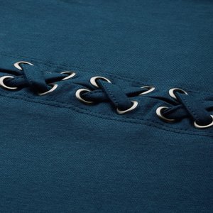 Camiseta de algodón puro con cuello redondo liso azul verde azulado para mujer con detalles de encaje Camiseta de algodón puro con cuello redondo sólido azul verde azulado para mujer - Product Image 3