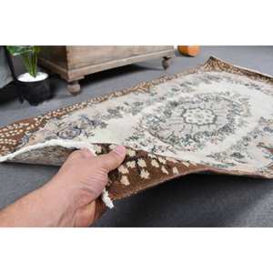 Tapis à poils moyens en laine turque vintage 38x68 pieds marron beige tissage plat patchwork design salle à manger décor - Product Image 3