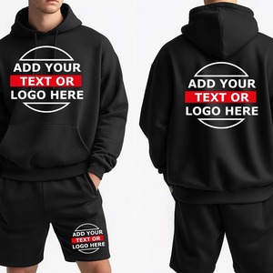 Combinaison d'entraînement de gymnastique pour hommes avec logo personnalisé 100% coton Jogger à capuche ensemble de sweats à capuche et de shorts à motif solide - Product Image 3