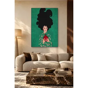 Fida Woman with Voluminous Black Hair and Pomegranate <b>Canvas</b> Print - Product Image 1