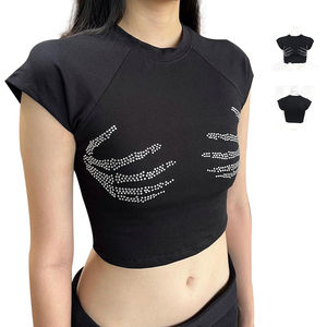 T-shirt décontracté pour femme, col rond, manches courtes, coupe classique, vêtements de sport, décoration en strass, couleurs personnalisées, été - Product Image 3