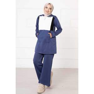 Ensemble 2 pièces décontracté pour femme Poche indigo détaillée Evased Top Hooded Collar Woven Autumn XS Size Solid Pattern Logo Decoration - Product Image 1