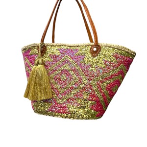 <b>Blue</b> Gold <b>Sequin</b> Straw Beach Bag Woven Tote Handbag with Leather Handles Tassel for Women - Product Image 4