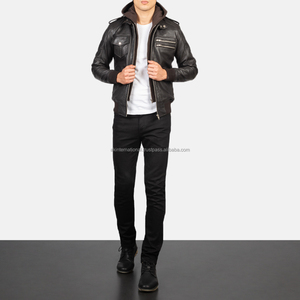 แจ็คเก็ตบอมเบอร์หนังมีฮู้ดคอปกสีน้ำตาลออกแบบได้ตามต้องการ - Product Image 1