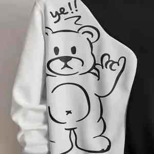 Cozy oversized unisex <b>hoodie</b> with <b>bear</b> print, thermal lining, and patchwork design. Perfect loose fit streetwear for winter. - Product Image 4