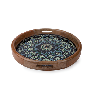 Plateau de service en bois de luxe artisanal Vaisselle ronde en émail imprimé pour les fêtes de mariage et le plateau de service du désert du Ramadan - Product Image 1