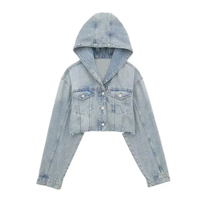 Top Quality Long <b>Sleeve</b> Less Cropped Denim <b>Jackets</b> With Hood Street Wear Fashion Jeans <b>Jackets</b> for <b>Women</b> High Quality - Product Image 1