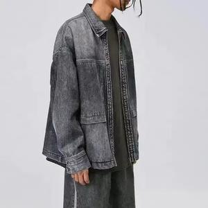 Vêtements vintage grande taille, vestes en jean pour hommes délavées à l'acide, 100% coton, streetwear, coupe slim, col montant, brodées, vestes d'hiver pour hommes - Product Image 1