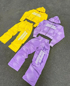 Ensemble survêtement personnalisé unisexe d'hiver respirant et écologique, pantalon de survêtement et sweat-shirt à cordon de serrage, lavage à l'acide, strass, survêtement personnalisé - Product Image 2