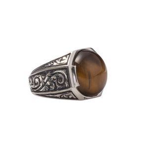 Bague pour homme gravée en argent sterling 925 et acier inoxydable, avec pierre œil de tigre octogonale, sertissage clos élégant, incrustation, certifiée 'IS' - Product Image 1