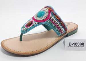 Embroidered V-Strap <b>Women</b> <b>Leather</b> Sandals Slip on Beaded Two Strap Sandal With Wooden Heel TPR Outsole Outdoor Wear Sandal - Product Image 2