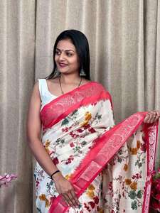 Sari Banarasi de Seda Tussar con Estampado Floral Rosa Dahila, con Tejido y Diseño de Pallu Pesado, con Piezas de Blusa con el Mismo Borde - Product Image 6