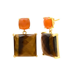 Recién llegado, pendiente de forma cuadrada, hermoso trabajo con pendientes de piedras preciosas de chaceldony naranja y marrón de Gemstone - Product Image 2