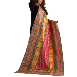 Multicolore Ajrakh Inspiré Block Print Dupatta Jaune Rouge Noir Coton Ethnique Panneaux Floraux Géométriques Solides Style Rajasthani - Product Image 2