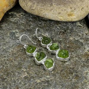 925 Solid <b>Sterling</b> <b>Silver</b> Rough Raw Peridot <b>Earrings</b>/Daily wear <b>Earrings</b>/<b>Drop</b> Dangle Green <b>Earrings</b> - Product Image 3