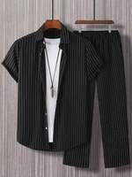 Conjunto Casual de Dos Piezas para Hombre, Traje de Franela Sólida para Primavera/Verano, Camisa Teñida y Pantalones Transpirables 100% Poliéster