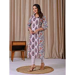 White Cotton Straight Fit Kurti Butta Block Print Ethnic Indian <b>Dress</b> for Women Pakistani Styled Saree Salwar Kameez Stitched - Product Image 6