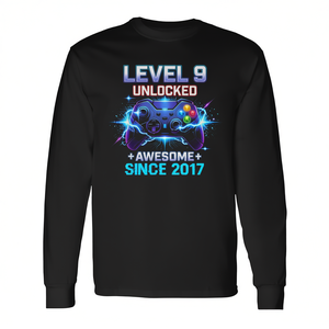 T-shirt a maniche lunghe da gamer per ragazzo di 9 anni, livello 9 sbloccato, fantastico dal 2017, categoria T-shirt promozionali - Product Image 2