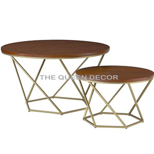 Table basse moderne ronde gigogne pour salon lot de 2 tables basses en bois de noyer et or - Product Image 1