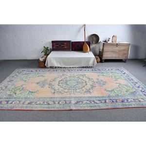 Classic Orange Blue Wool Rug 6.5 X 11.8ft Handmade <b>Turkish</b> Patchwork Striped Rectangle <b>Carpet</b> for Living Room Latex Backed - Product Image 3