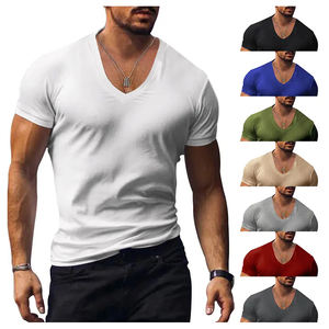 Logotipo personalizado Hombres V Cuello Slim Fit Camiseta Casual Negro Liso Camisetas Verano Tops Camiseta para hombres - Product Image 1