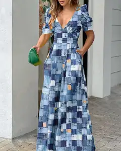 PASUXI personnalisé décontracté Sexy col en v Polyester robe vêtements pour femmes imprimer jupes longues dame élégante robes de nuit pour femme