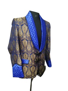 Bleu Paisley Imprimer Garçons D'honneur De Mariage Dîner Vestes Partie Porter Blazers Slim Fit Veste Hommes Fumer Velours Blazers En Gros - Product Image 4