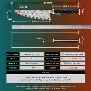 มีดเชฟเหล็กดามัสกัสคุณภาพสูงระดับพรีเมียม พรีเมียม พรีสทีจ แบลดส์  ด้ามคาร์บอนไฟเบอร์เคลือบทองคำ  แบบใช้ได้ทั้งมือซ้ายและขวา  รับผลิตตามสั่งขายส่ง - Product Image 6