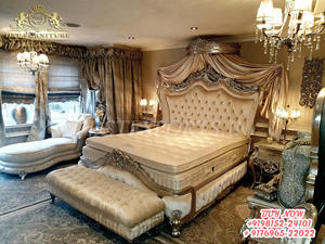เตียงแกะสลักใบคลาสสิกนีโอคลาสสิกหรูหรา,ชุดเก้าอี้เตียงและม้านั่งข้างแกะสลักหนักสไตล์ยุโรปมงกุฎห้องนอนหุ้ม - Product Image 3