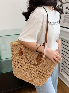 Women Straw Travel Beach Totes Woven Summer Handmade Good Quality Shoulder Hand Bag Leather Handles From Vietnam - Product Image 2