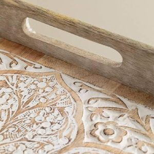 Suministro al por mayor de bandeja de madera hecha a mano para el hogar, suministros para hoteles y restaurantes, juego de bandeja decorativa de la India - Product Image 5