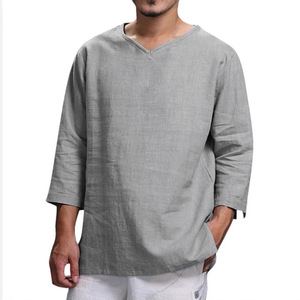 T-Shirt Casual da <span class=keywords><strong>Uomo</strong></span> SK con Scollo a V, Manica Lunga <span class=keywords><strong>in</strong></span> Cotone e <span class=keywords><strong>Lino</strong></span>, Tinta Unita, Antipiega, Stile Safari, Streetwear Autunnale, Nuova Collezione - Product Image 2