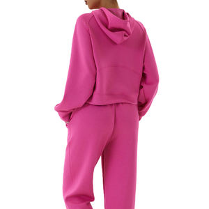 Tenues d'entraînement à manches longues fermeture éclair haut court à capuche et pantalon à jambes larges femmes survêtements deux pièces personnalisés ensemble pour les femmes - Product Image 6