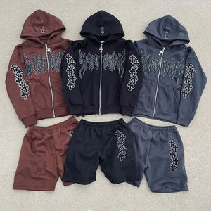 Manufacturer High Quality New Design Cross Zipper Puff Print French Terry 500 GSM Custom Zip Up <b>Hoodie</b> Tracksuit Set For <b>Men</b> - Product Image 5
