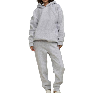 Vente chaude femmes haute qualité panneau latéral 100% coton éponge grande taille à capuche et jambe large joggeurs deux pièces survêtement. - Product Image 3