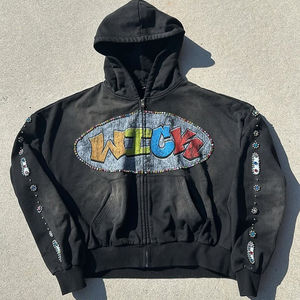 TRADE MFG, sudadera con cremallera de gran tamaño para hombre, estilo Vintage cuadrado de moda, mangas bordadas con cuentas de diamantes de imitación, blanqueado, lavado, personalizado, OEM - Product Image 1