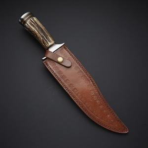 Cuchillo Bowie de Acero de Damasco Hecho a Mano con Mango de Cuerno de Ciervo y Funda de Cuero Fino, Cuchillo para Exteriores, Cuchillo al por Mayor - Product Image 4