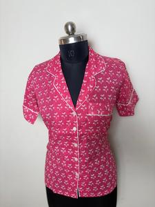 <b>Womens</b> Pink Floral Print Cotton <b>Shirt</b> <b>Short</b> <b>Sleeve</b> Casual Button-Down <b>Shirt</b> Pink with <b>White</b> Print - Product Image 2