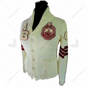 Delta | Sigma | Theta Sorority Cárdigan de invierno para mujer Cárdigan griego de punto con cuello de perlas y parche bordado de chenilla - Product Image 1