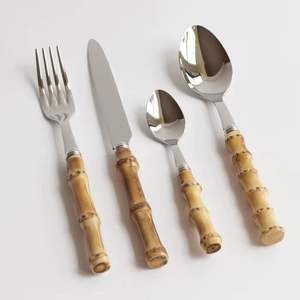 Ensemble de couverts en acier inoxydable avec manche en bambou, design moderne, passe au lave-vaisselle, durable, fourchette, couteau, cuillère pour la maison et le restaurant - Product Image 2