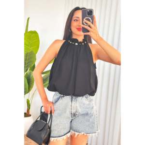 Blouses noires en gros avec col perlé et design ballon - Jaune - Product Image 3