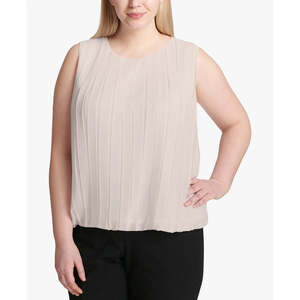 Calvin Klein Women's Plus Size Pleated <b>Bubble</b> <b>Top</b> Dark Beige Chiffon Blouse Size 3X Casual Western Style for Spring Season - Product Image 1