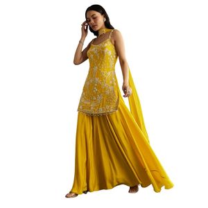 Costume jaune Chinon Kurta Palazzo avec tour de cou Dupatta Vente en gros de vêtements ethniques pour femmes OEM Fournisseur en vrac d'usine de vêtements - Product Image 1