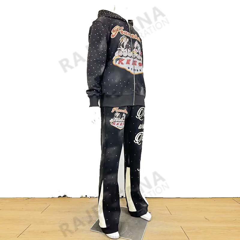 2024 MEN Streetwear Rhinestone Acid Wash Sweatsuit Cotton