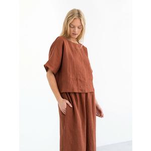 High Quality 100% Linen Women'<b>s</b> Short Sleeve <b>Blouses</b> Casual Woven Shirts with Simple Fashion Element Solid Pattern - Product Image 3